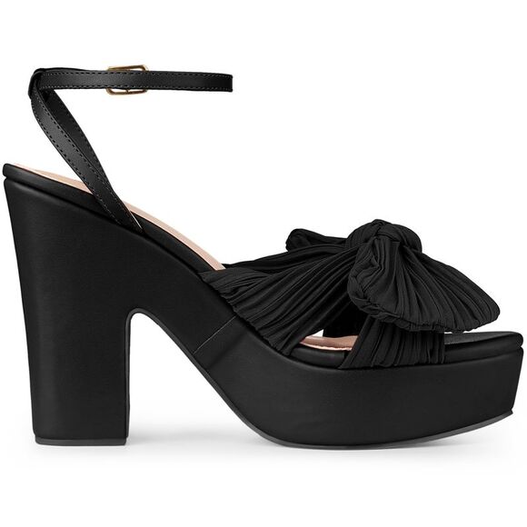 Women's Platform Pleated Bow Slingback Block High Heel Sandals Black - Picture 6 of 6